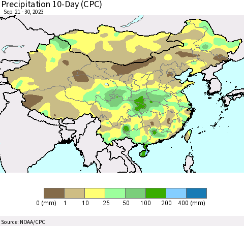 China, Mongolia and Taiwan Precipitation 10-Day (CPC) Thematic Map For 9/21/2023 - 9/30/2023