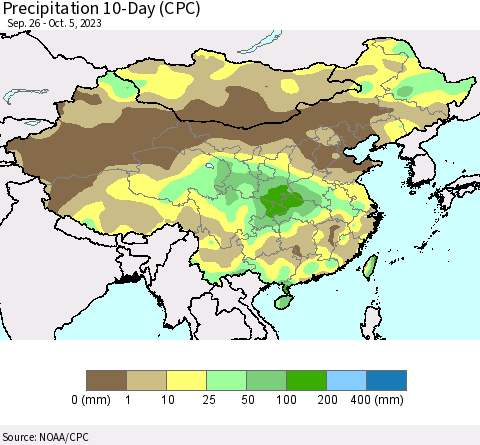 China, Mongolia and Taiwan Precipitation 10-Day (CPC) Thematic Map For 9/26/2023 - 10/5/2023