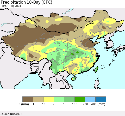 China, Mongolia and Taiwan Precipitation 10-Day (CPC) Thematic Map For 10/1/2023 - 10/10/2023