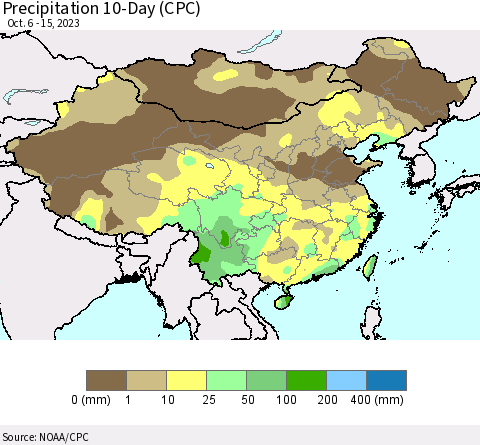 China, Mongolia and Taiwan Precipitation 10-Day (CPC) Thematic Map For 10/6/2023 - 10/15/2023