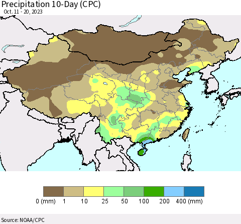 China, Mongolia and Taiwan Precipitation 10-Day (CPC) Thematic Map For 10/11/2023 - 10/20/2023