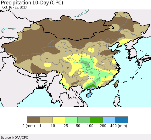 China, Mongolia and Taiwan Precipitation 10-Day (CPC) Thematic Map For 10/16/2023 - 10/25/2023