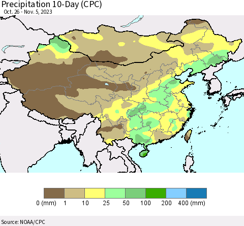 China, Mongolia and Taiwan Precipitation 10-Day (CPC) Thematic Map For 10/26/2023 - 11/5/2023