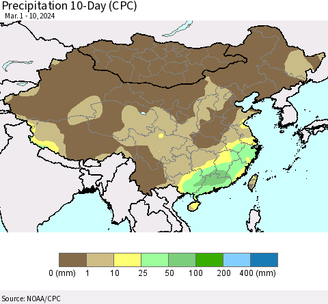 China, Mongolia and Taiwan Precipitation 10-Day (CPC) Thematic Map For 3/1/2024 - 3/10/2024