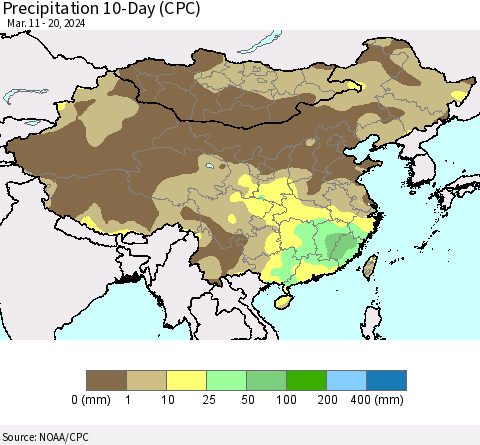 China, Mongolia and Taiwan Precipitation 10-Day (CPC) Thematic Map For 3/11/2024 - 3/20/2024