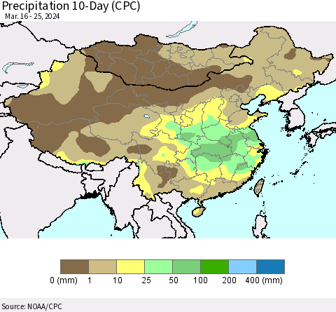 China, Mongolia and Taiwan Precipitation 10-Day (CPC) Thematic Map For 3/16/2024 - 3/25/2024