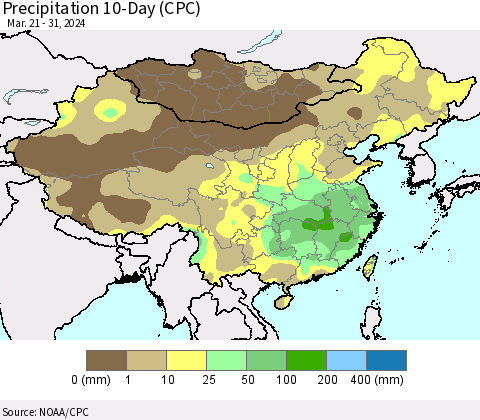 China, Mongolia and Taiwan Precipitation 10-Day (CPC) Thematic Map For 3/21/2024 - 3/31/2024