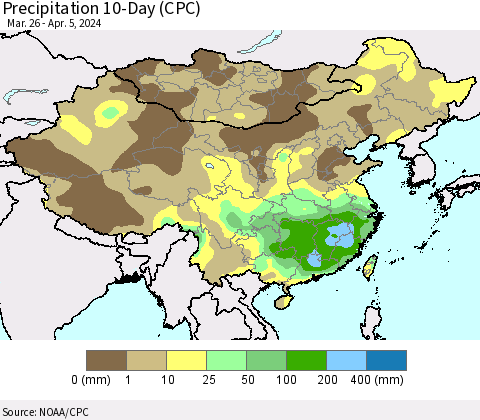 China, Mongolia and Taiwan Precipitation 10-Day (CPC) Thematic Map For 3/26/2024 - 4/5/2024