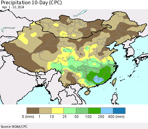 China, Mongolia and Taiwan Precipitation 10-Day (CPC) Thematic Map For 4/1/2024 - 4/10/2024