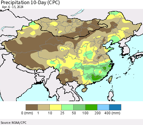 China, Mongolia and Taiwan Precipitation 10-Day (CPC) Thematic Map For 4/6/2024 - 4/15/2024