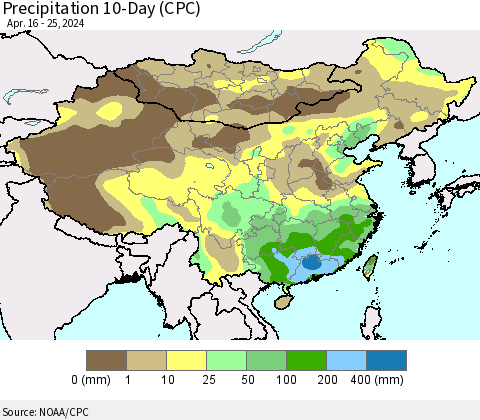 China, Mongolia and Taiwan Precipitation 10-Day (CPC) Thematic Map For 4/16/2024 - 4/25/2024