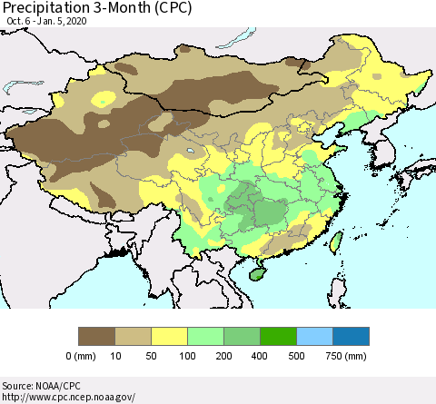 China, Mongolia and Taiwan Precipitation 3-Month (CPC) Thematic Map For 10/6/2019 - 1/5/2020