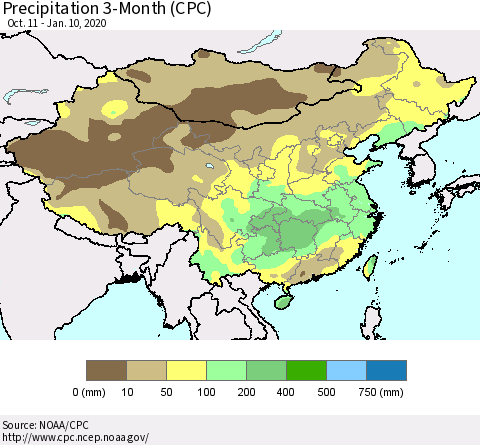 China, Mongolia and Taiwan Precipitation 3-Month (CPC) Thematic Map For 10/11/2019 - 1/10/2020