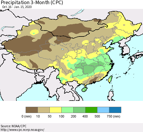 China, Mongolia and Taiwan Precipitation 3-Month (CPC) Thematic Map For 10/16/2019 - 1/15/2020