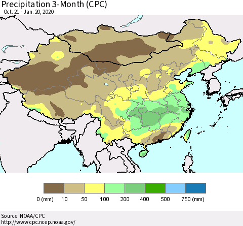 China, Mongolia and Taiwan Precipitation 3-Month (CPC) Thematic Map For 10/21/2019 - 1/20/2020