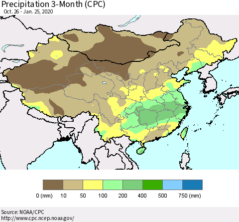 China, Mongolia and Taiwan Precipitation 3-Month (CPC) Thematic Map For 10/26/2019 - 1/25/2020