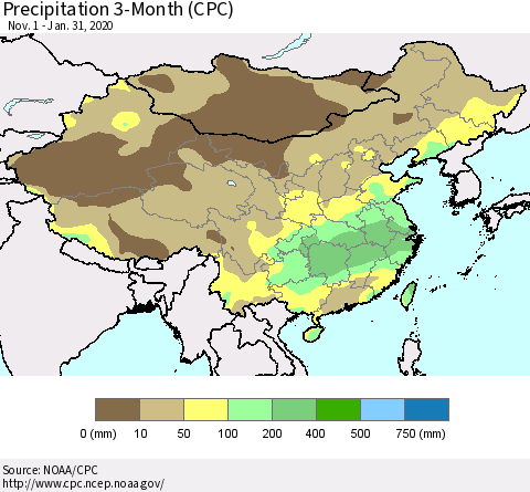China, Mongolia and Taiwan Precipitation 3-Month (CPC) Thematic Map For 11/1/2019 - 1/31/2020