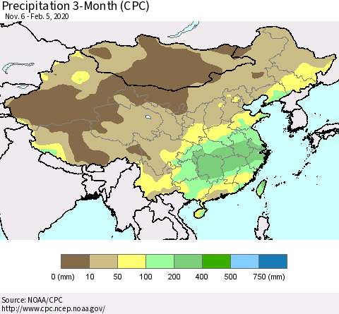 China, Mongolia and Taiwan Precipitation 3-Month (CPC) Thematic Map For 11/6/2019 - 2/5/2020