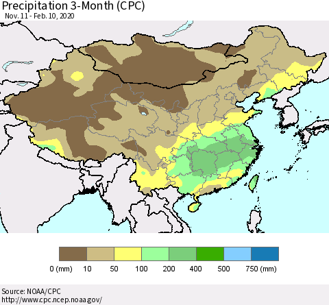 China, Mongolia and Taiwan Precipitation 3-Month (CPC) Thematic Map For 11/11/2019 - 2/10/2020