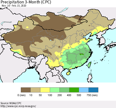 China, Mongolia and Taiwan Precipitation 3-Month (CPC) Thematic Map For 11/16/2019 - 2/15/2020