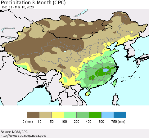 China, Mongolia and Taiwan Precipitation 3-Month (CPC) Thematic Map For 12/11/2019 - 3/10/2020