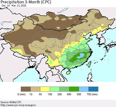 China, Mongolia and Taiwan Precipitation 3-Month (CPC) Thematic Map For 12/16/2019 - 3/15/2020