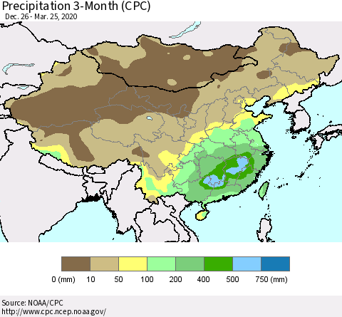 China, Mongolia and Taiwan Precipitation 3-Month (CPC) Thematic Map For 12/26/2019 - 3/25/2020
