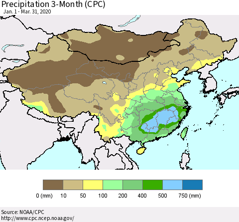 China, Mongolia and Taiwan Precipitation 3-Month (CPC) Thematic Map For 1/1/2020 - 3/31/2020
