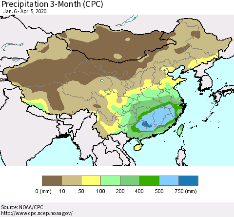 China, Mongolia and Taiwan Precipitation 3-Month (CPC) Thematic Map For 1/6/2020 - 4/5/2020