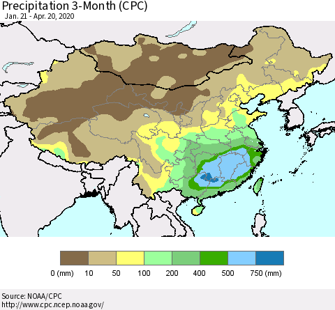China, Mongolia and Taiwan Precipitation 3-Month (CPC) Thematic Map For 1/21/2020 - 4/20/2020