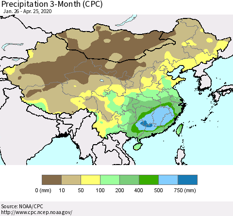 China, Mongolia and Taiwan Precipitation 3-Month (CPC) Thematic Map For 1/26/2020 - 4/25/2020
