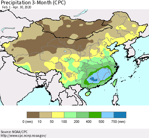 China, Mongolia and Taiwan Precipitation 3-Month (CPC) Thematic Map For 2/1/2020 - 4/30/2020