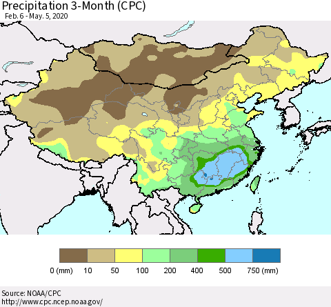 China, Mongolia and Taiwan Precipitation 3-Month (CPC) Thematic Map For 2/6/2020 - 5/5/2020