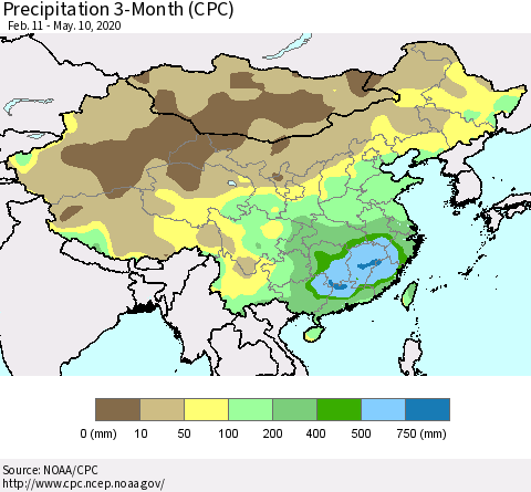 China, Mongolia and Taiwan Precipitation 3-Month (CPC) Thematic Map For 2/11/2020 - 5/10/2020