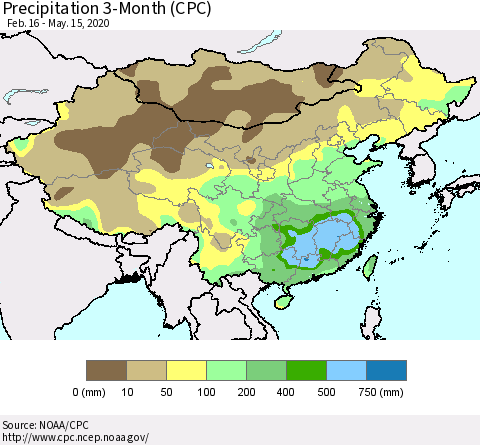 China, Mongolia and Taiwan Precipitation 3-Month (CPC) Thematic Map For 2/16/2020 - 5/15/2020
