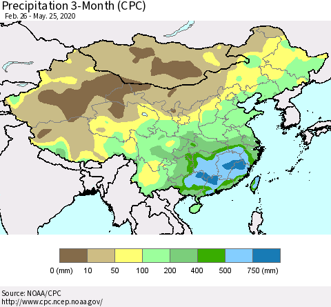 China, Mongolia and Taiwan Precipitation 3-Month (CPC) Thematic Map For 2/26/2020 - 5/25/2020