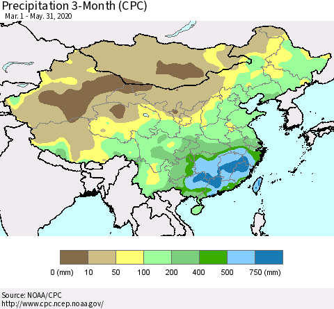 China, Mongolia and Taiwan Precipitation 3-Month (CPC) Thematic Map For 3/1/2020 - 5/31/2020