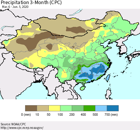 China, Mongolia and Taiwan Precipitation 3-Month (CPC) Thematic Map For 3/6/2020 - 6/5/2020