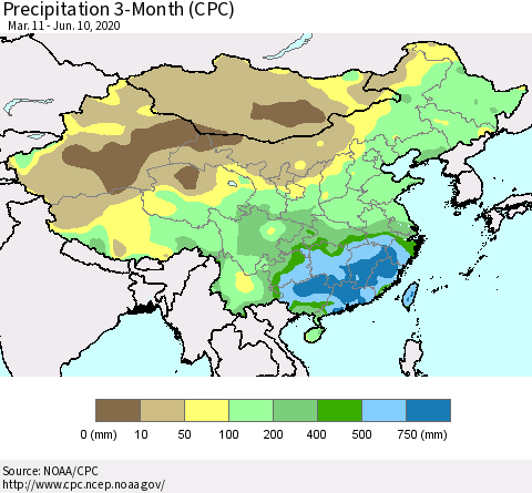 China, Mongolia and Taiwan Precipitation 3-Month (CPC) Thematic Map For 3/11/2020 - 6/10/2020