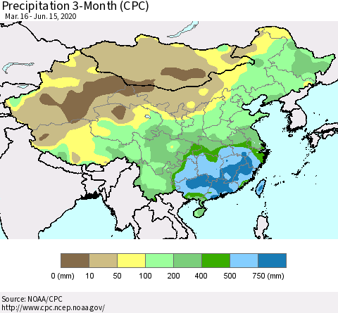 China, Mongolia and Taiwan Precipitation 3-Month (CPC) Thematic Map For 3/16/2020 - 6/15/2020