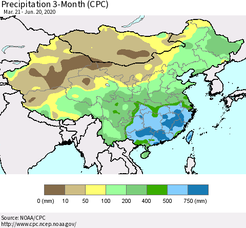 China, Mongolia and Taiwan Precipitation 3-Month (CPC) Thematic Map For 3/21/2020 - 6/20/2020