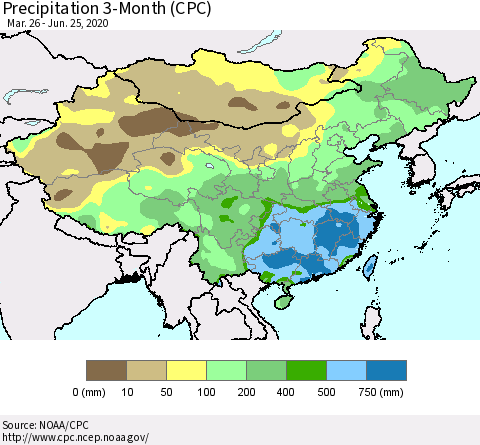 China, Mongolia and Taiwan Precipitation 3-Month (CPC) Thematic Map For 3/26/2020 - 6/25/2020