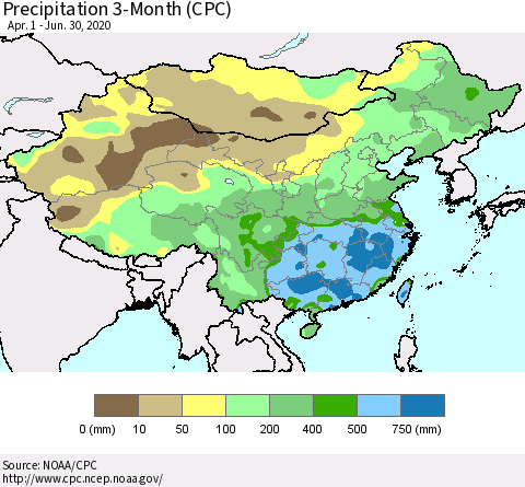 China, Mongolia and Taiwan Precipitation 3-Month (CPC) Thematic Map For 4/1/2020 - 6/30/2020