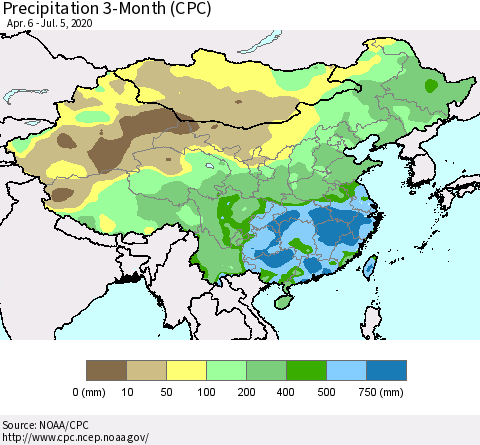 China, Mongolia and Taiwan Precipitation 3-Month (CPC) Thematic Map For 4/6/2020 - 7/5/2020