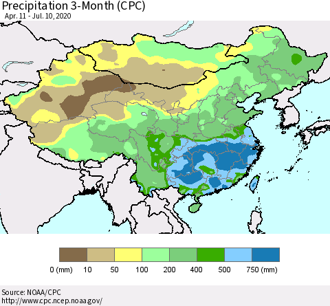 China, Mongolia and Taiwan Precipitation 3-Month (CPC) Thematic Map For 4/11/2020 - 7/10/2020