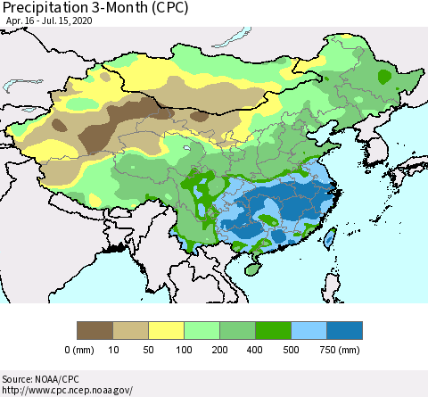 China, Mongolia and Taiwan Precipitation 3-Month (CPC) Thematic Map For 4/16/2020 - 7/15/2020
