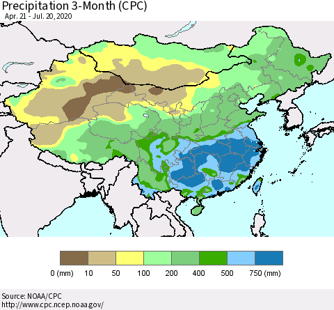 China, Mongolia and Taiwan Precipitation 3-Month (CPC) Thematic Map For 4/21/2020 - 7/20/2020