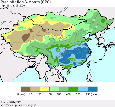 China, Mongolia and Taiwan Precipitation 3-Month (CPC) Thematic Map For 4/26/2020 - 7/25/2020