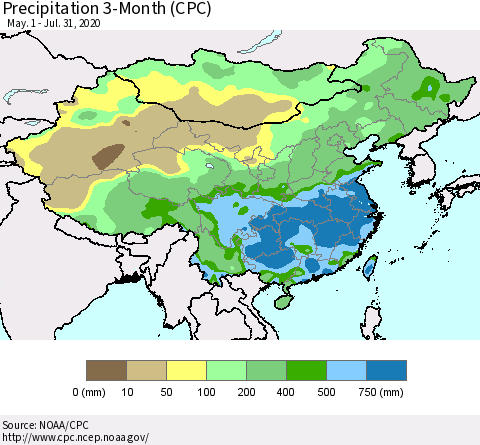 China, Mongolia and Taiwan Precipitation 3-Month (CPC) Thematic Map For 5/1/2020 - 7/31/2020
