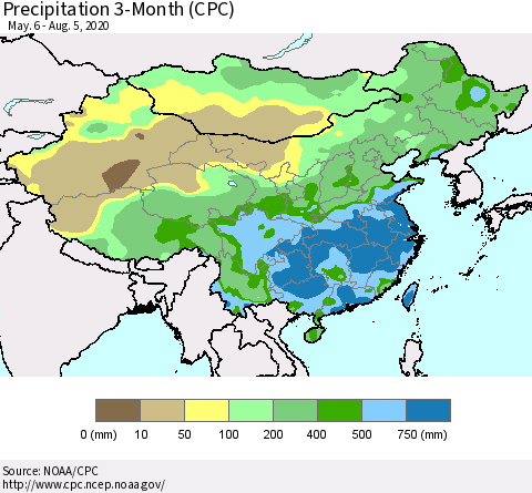 China, Mongolia and Taiwan Precipitation 3-Month (CPC) Thematic Map For 5/6/2020 - 8/5/2020